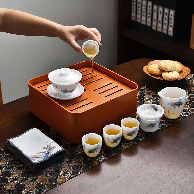 冰种羊脂玉便携式旅行功夫茶具家用白瓷泡茶盖碗茶杯户外高端套装