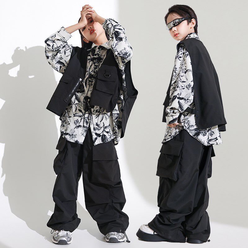 街舞儿童潮酷马甲衬衫工装裤套装男女童嘻哈hiphop架子鼓表演出服