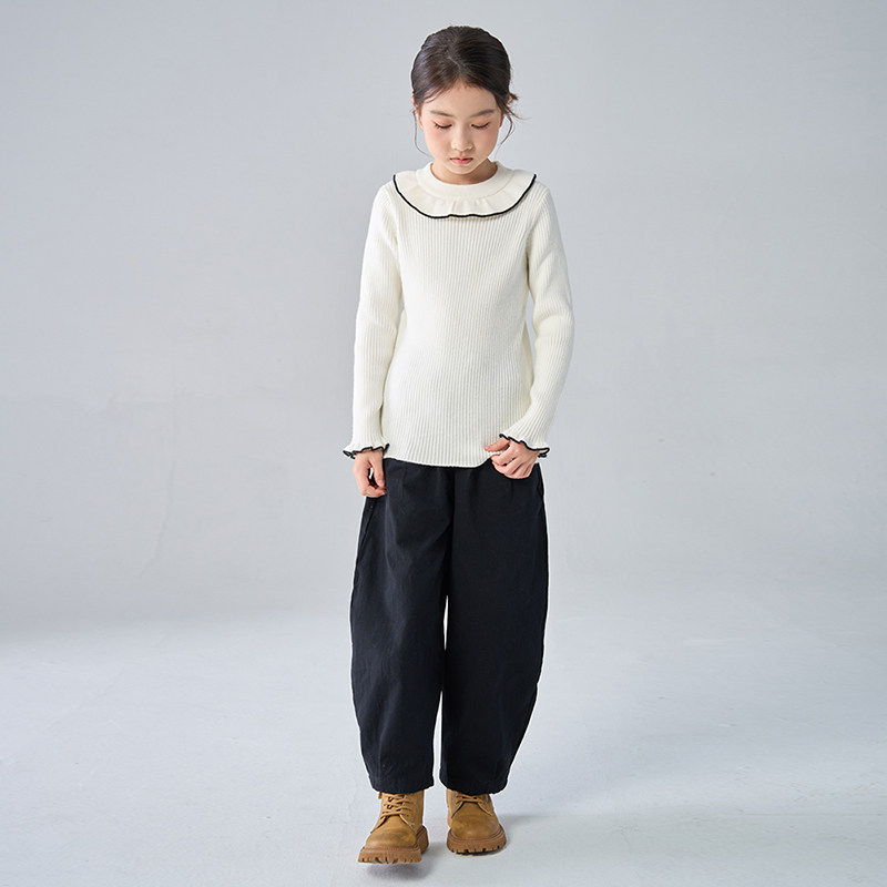 女童毛衣秋冬季2024新款针织衫女孩毛线衣圆领花边打底衫白色上衣
