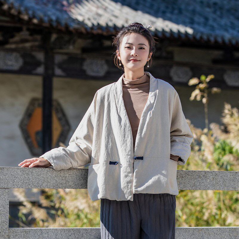 文艺夹棉茶服上衣女冬2024新款国风复古V领棉外套中式盘扣短棉衣