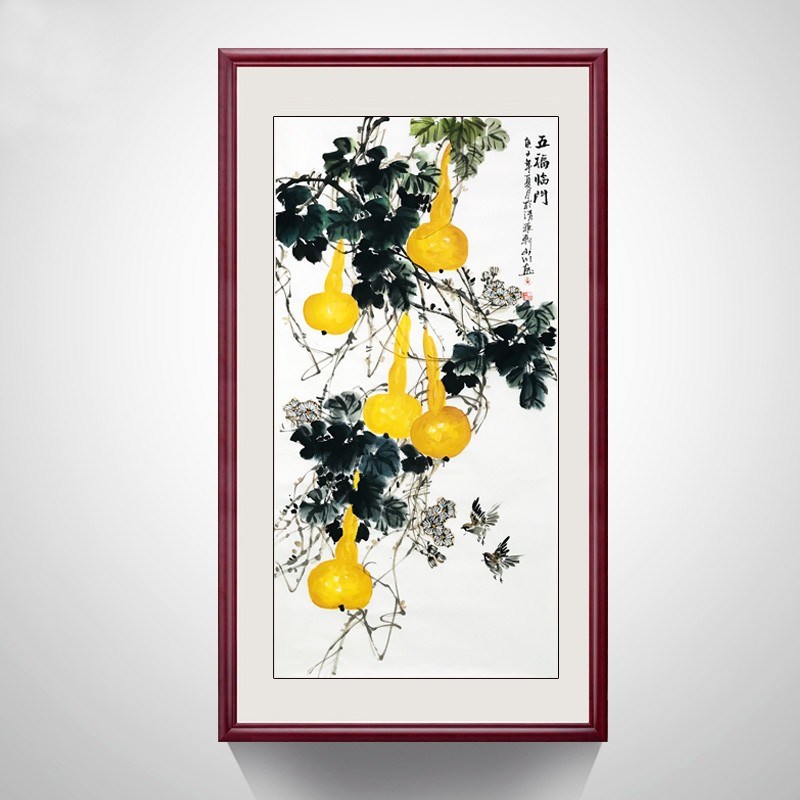 名家手绘国画葫芦图五福临门竖幅中式玄关背景墙装饰画招财挂画