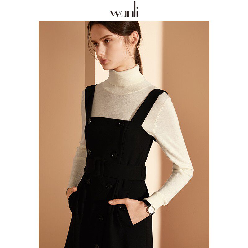 万丽女装无袖连衣裙2020新款夏装黑色简约背带打底百搭加厚裙子女
