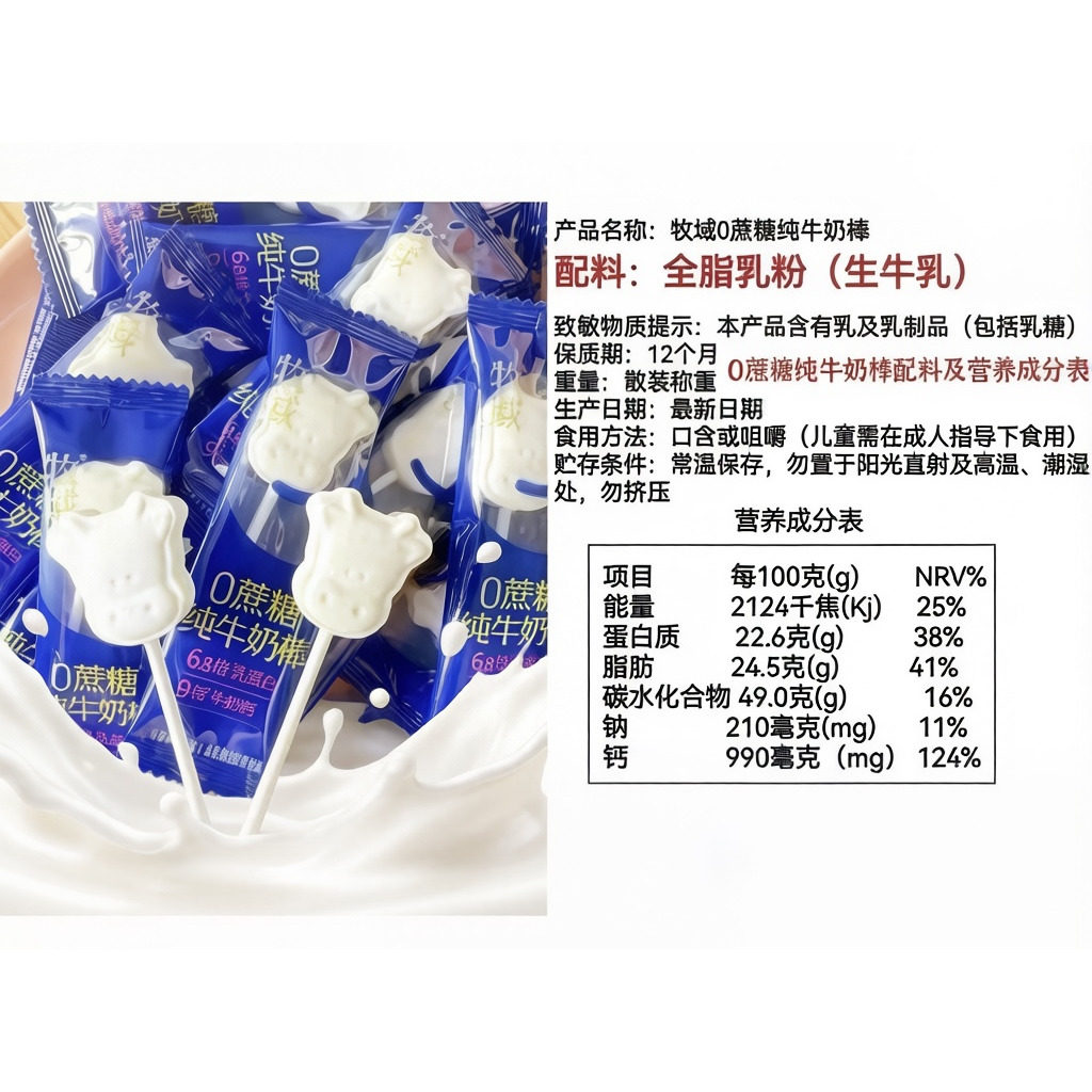 0蔗糖纯牛奶棒棒糖0添加高钙奶香浓郁袋装儿童食用零食棒棒糖