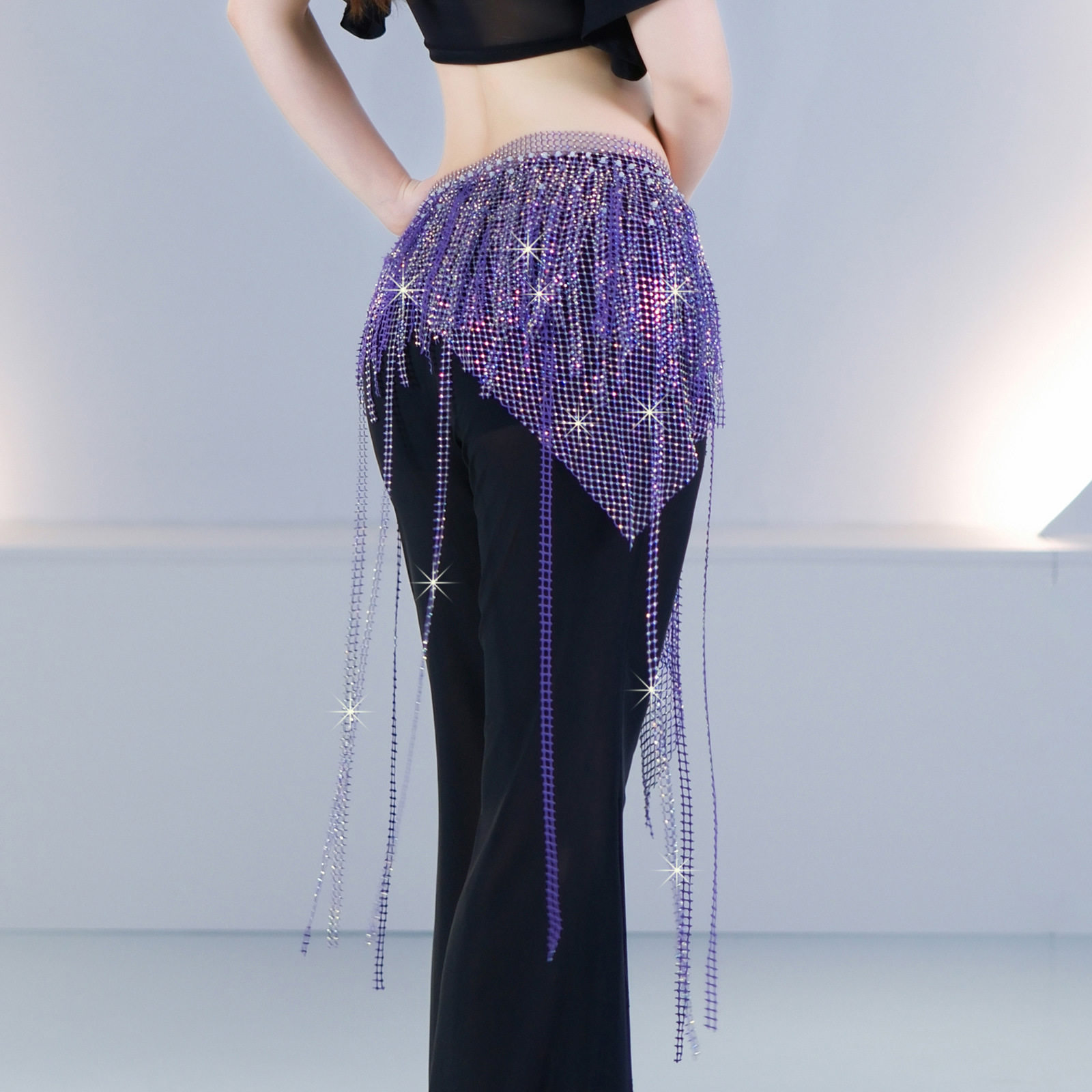 舞娘肚皮舞星棱细闪臀巾多层长流苏烫钻腰链舞蹈服团体百搭1059