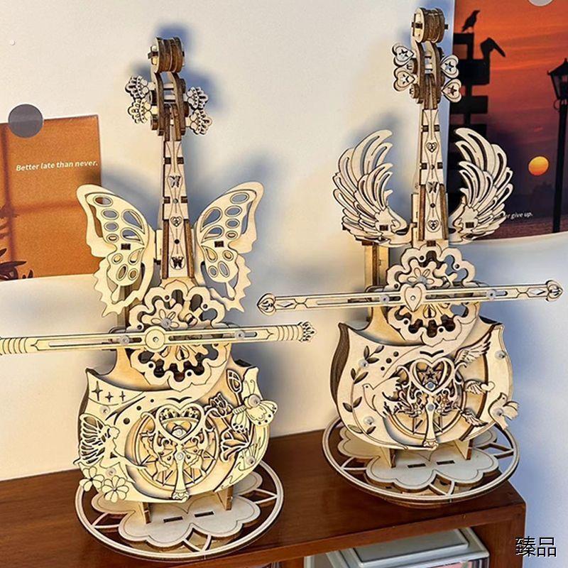 天使之翼小提琴八音盒积木拼装摆件益智手工音乐盒送男女生日礼物