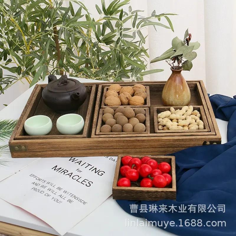 现货中式茶餐具托盘实木烧桐木茶盘复古木质茶具套装木制托盘通用