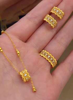轻奢绸锻光芒花丝套装沙金镶钻项链开口戒指耳环跨境饰品一件代发
