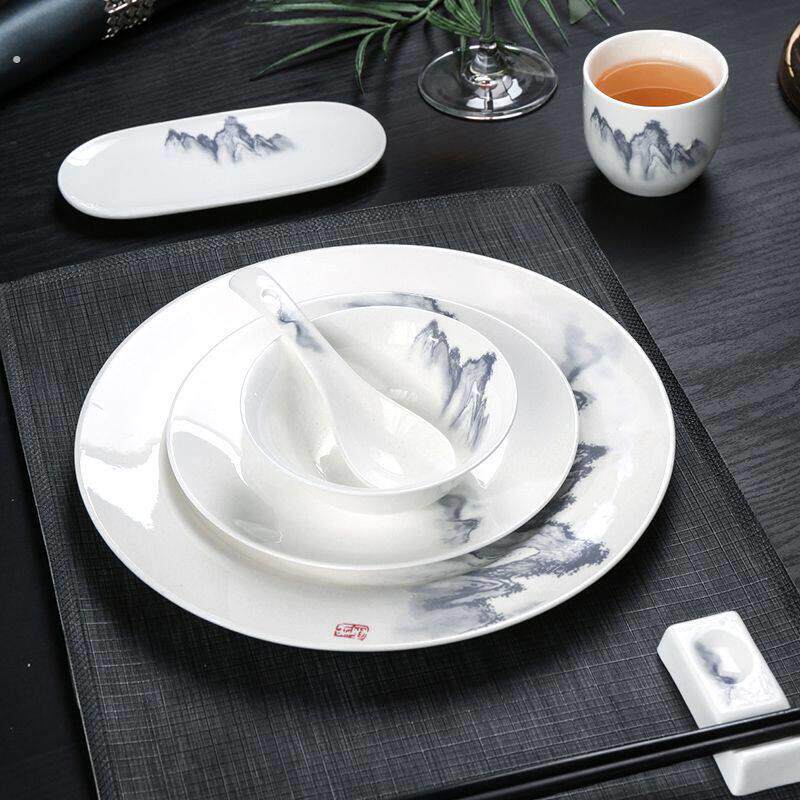 中国风餐具摆台套装陶瓷碗碟盘勺高档餐厅会所三件套酒店饭店中式