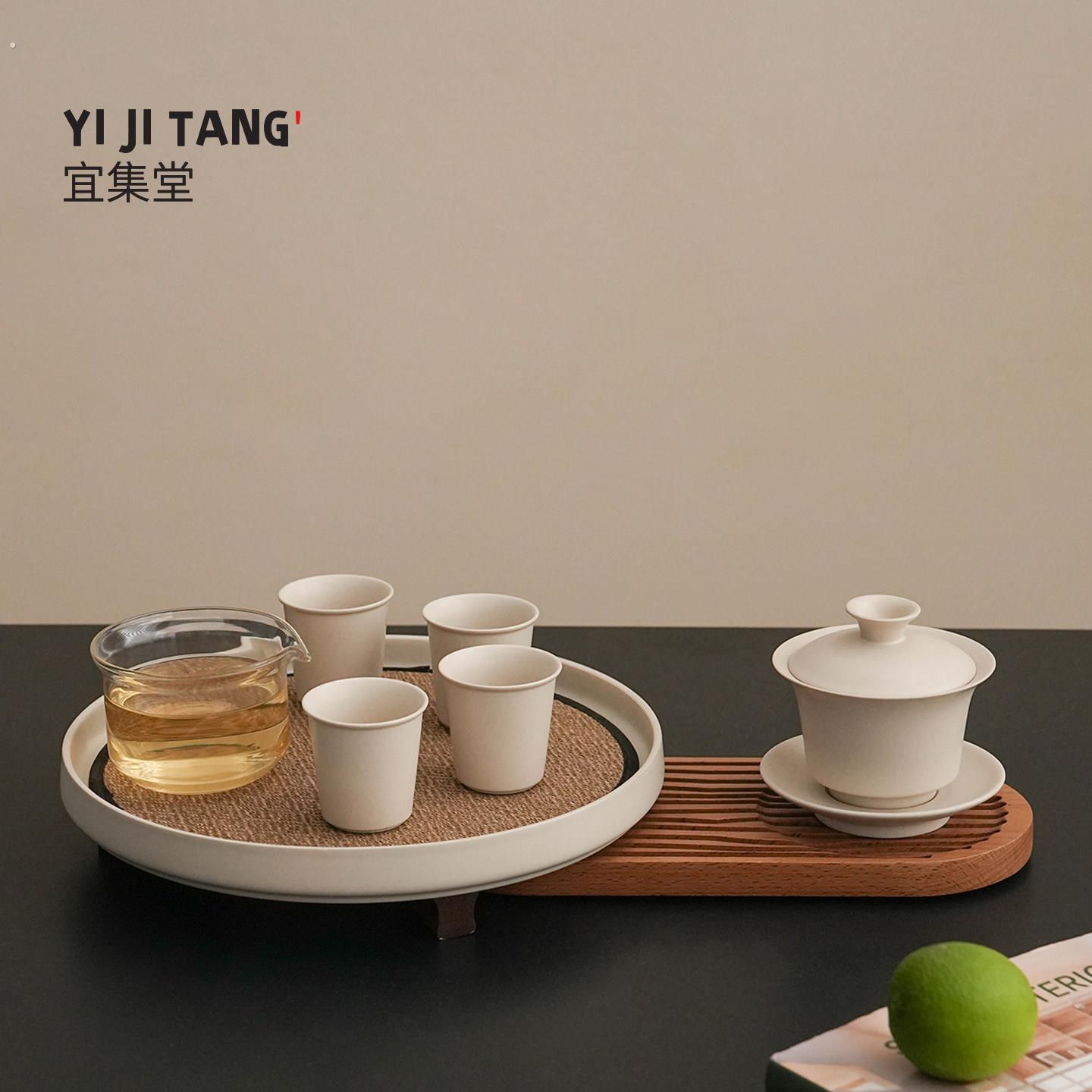 宜集堂中古风纯色三才盖碗茶具套装泡茶家用茶艺功夫茶杯小套装