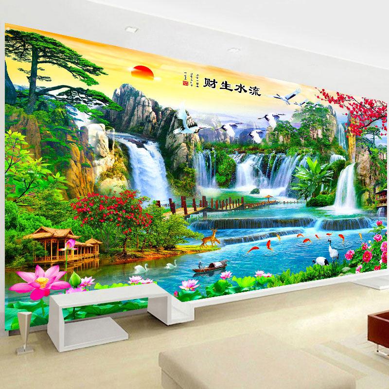 线绣迎客松十字绣2021新款客厅大幅手工刺绣山水风景画流水生财满