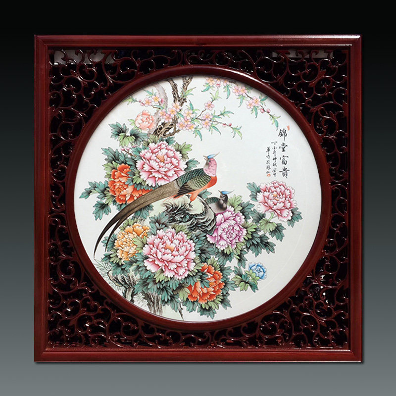 景德镇粉彩花鸟瓷板画新中式客厅背景墙挂画玄关装饰陶瓷画实木框
