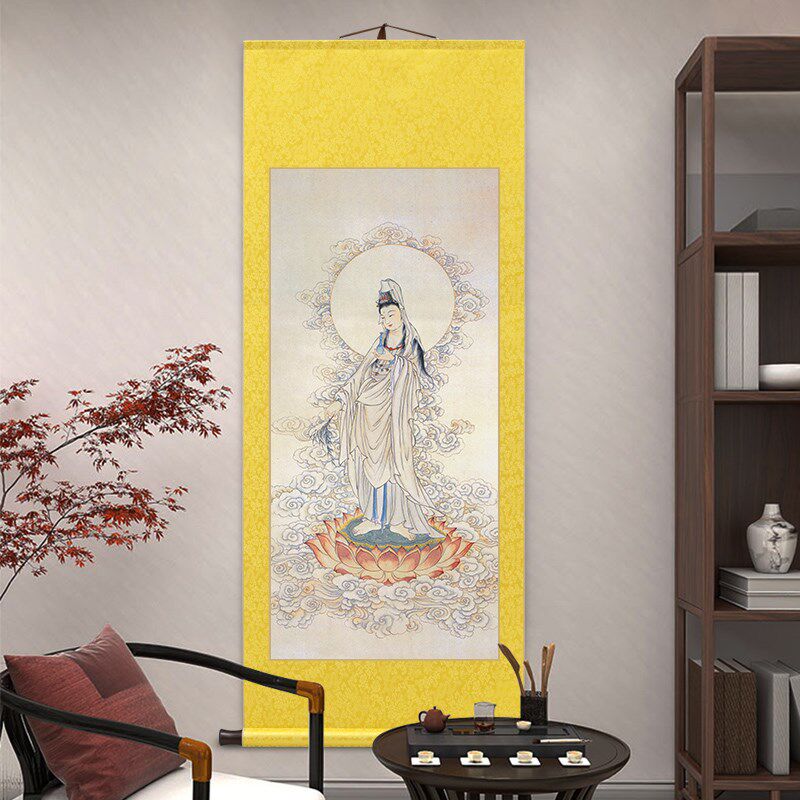 送子观音图卷轴挂画玄关画观世音娘娘画像新中式客厅装饰画中国风