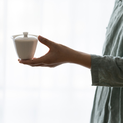 草木祠 杏白简约盖碗 白瓷盖碗泡茶碗陶瓷茶杯泡茶器盖杯大茶碗
