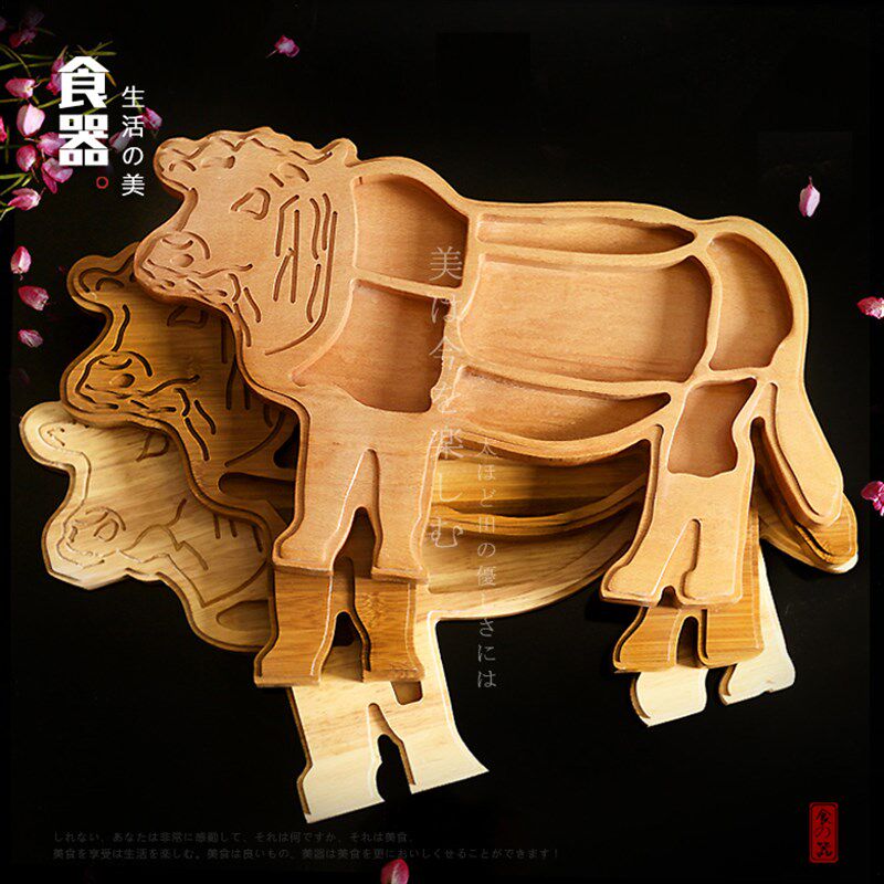 潮汕牛肉火锅盘榉木橡木餐牛杂拼盘全牛宴盘子牛形木盘分格餐盘