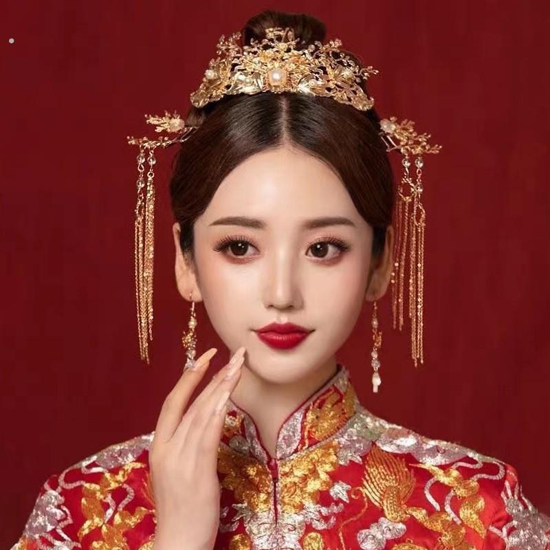 秀禾服新娘中式婚礼简单大气秀禾头饰发簪流苏订婚发饰古装凤冠女