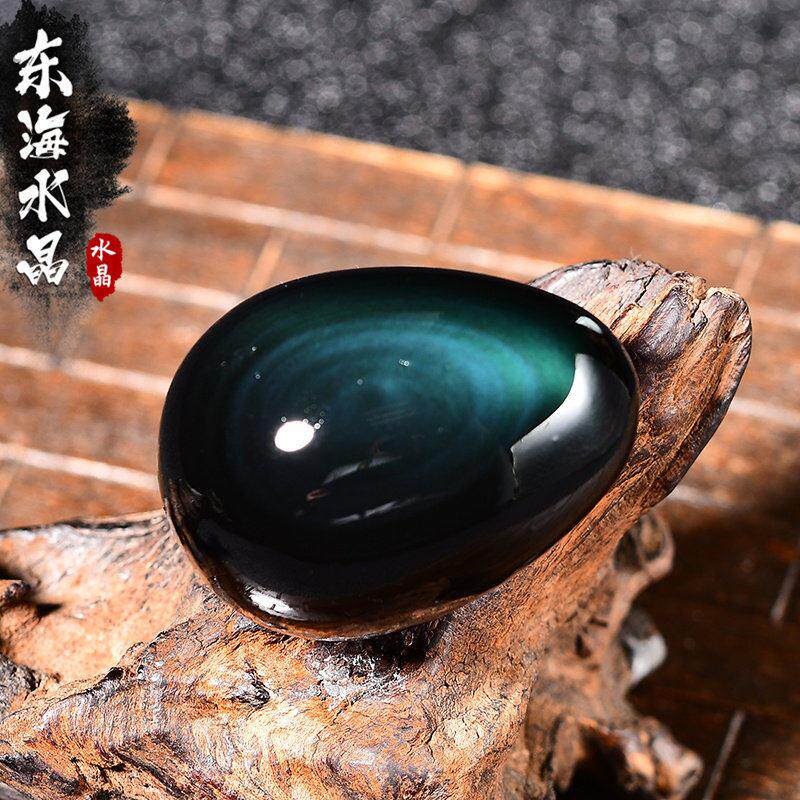 精品天然黑曜石把玩鸡蛋手把件摆件原石彩虹眼文玩手把件黑曜石手