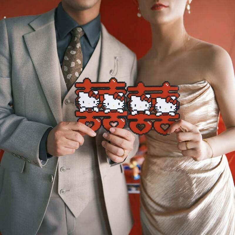 可爱小猫双喜拼豆成品订婚宴拍照出片道具结婚婚房装饰摆件送闺蜜