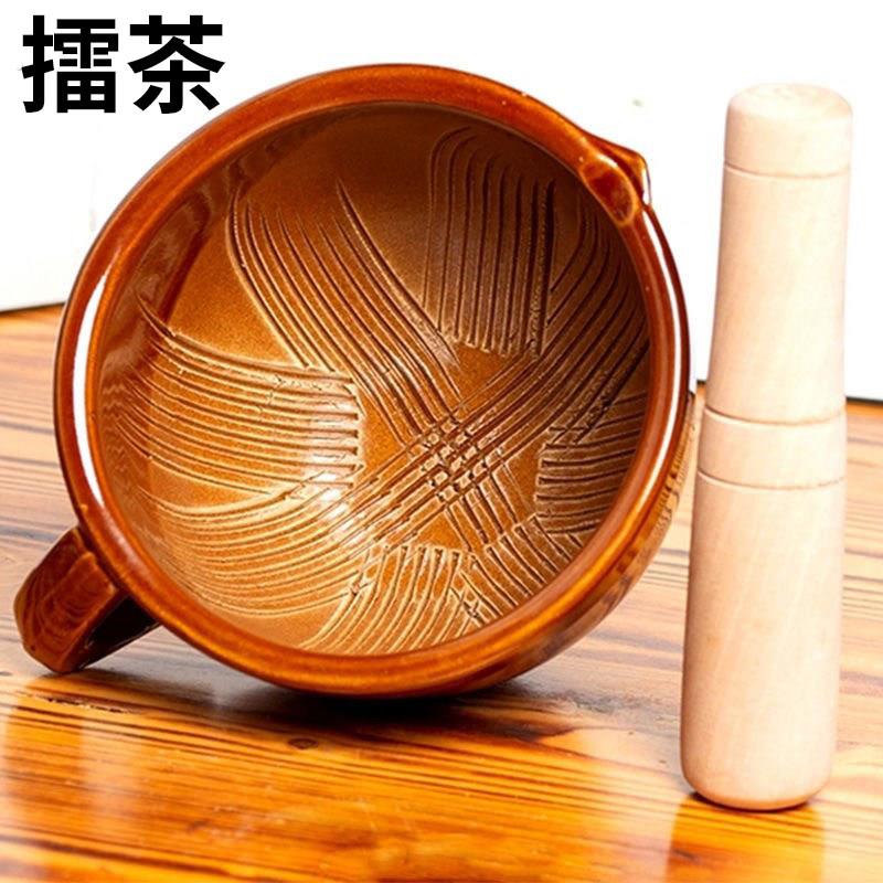 擂茶盆家用大号老式擂钵擂茶工具套装辣椒皮蛋手动研磨器粗陶捣蒜