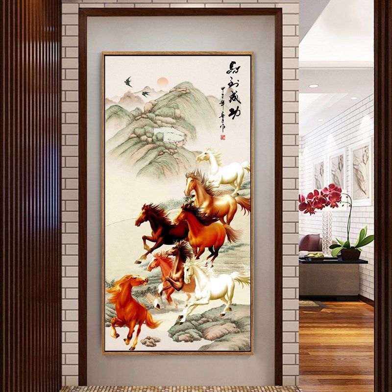 八骏图客厅玄关装饰画竖版马到成功国画万马奔腾画入户八马图定做