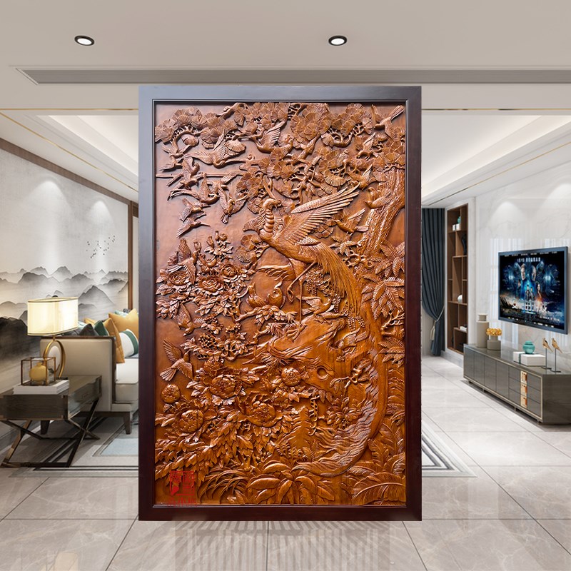 东阳木雕中式仿古背景墙实木浮雕挂画玄关装饰画百鸟朝凤图纯手工