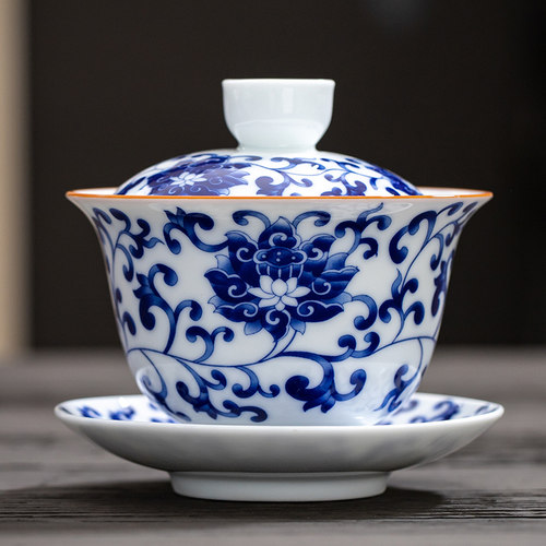 盖碗大号青花瓷三才杯景德镇陶瓷敬茶杯三炮台山水功夫茶具白瓷