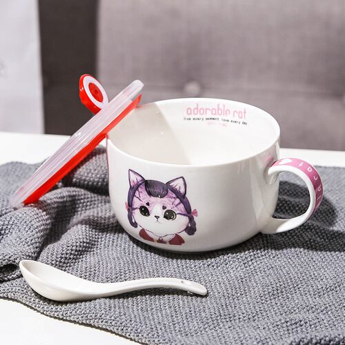 家用日式萌猫陶瓷杯卡通可爱个性陶瓷杯子面杯早餐杯燕麦杯带盖勺