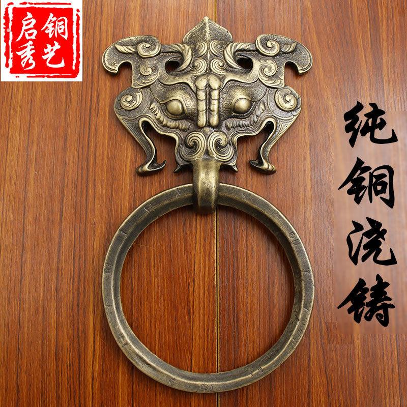 中式仿古实木庭院庙门大门环纯铜兽头狮子头古典大拉手祠堂门把手