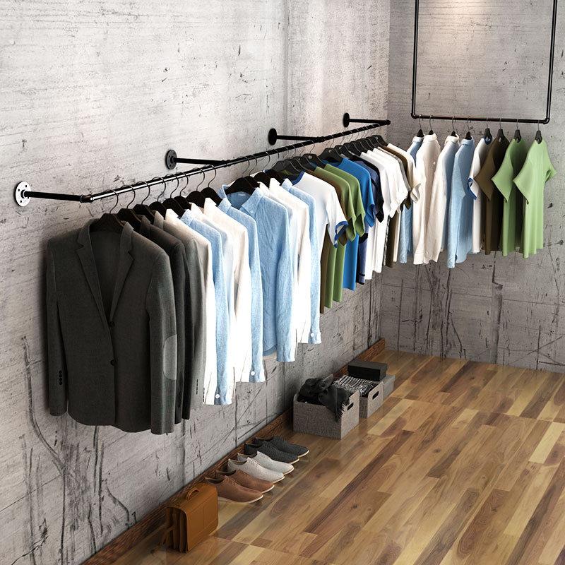 服装店复古铁艺上墙水管烤漆挂衣架工业风装修侧挂家具立柱