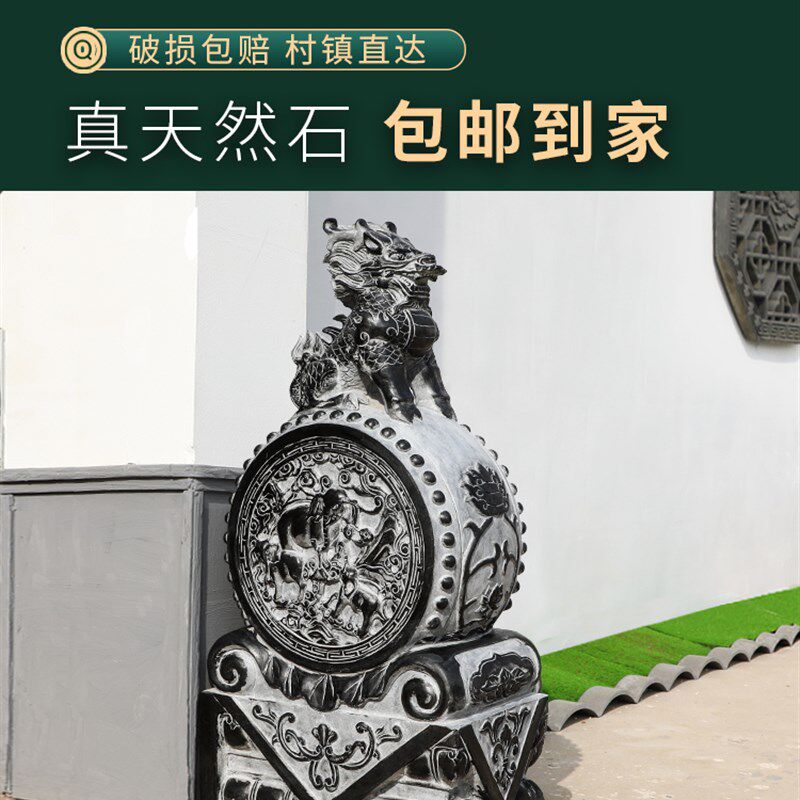 石雕门墩抱鼓石一对入户大门麒麟石鼓别墅家用摆件院子门前石墩