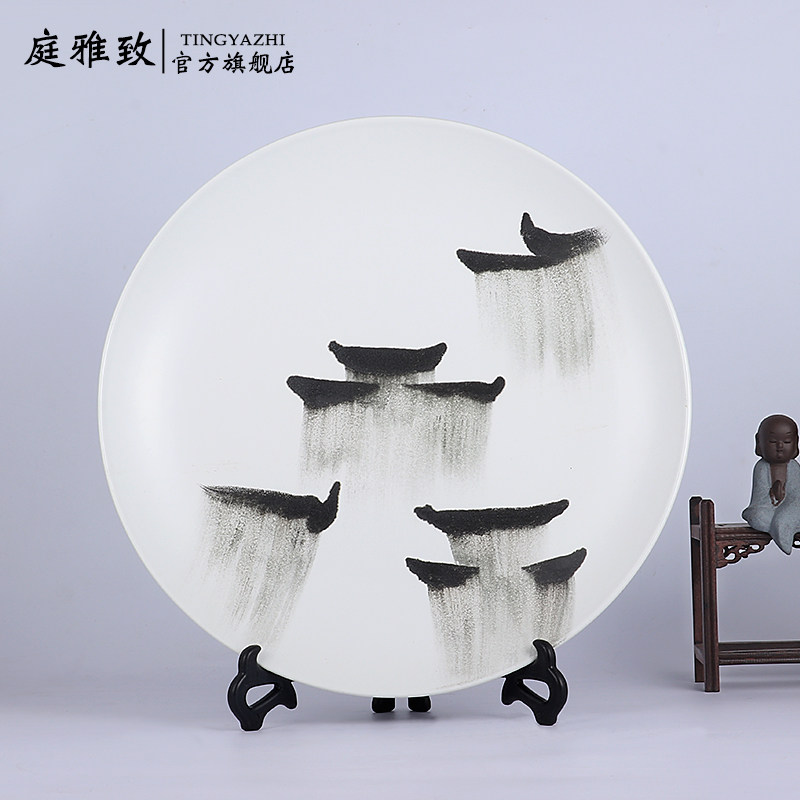 新中式禅意装饰坐盘水墨画陶瓷工艺品摆件样板间书柜玄关家居饰品