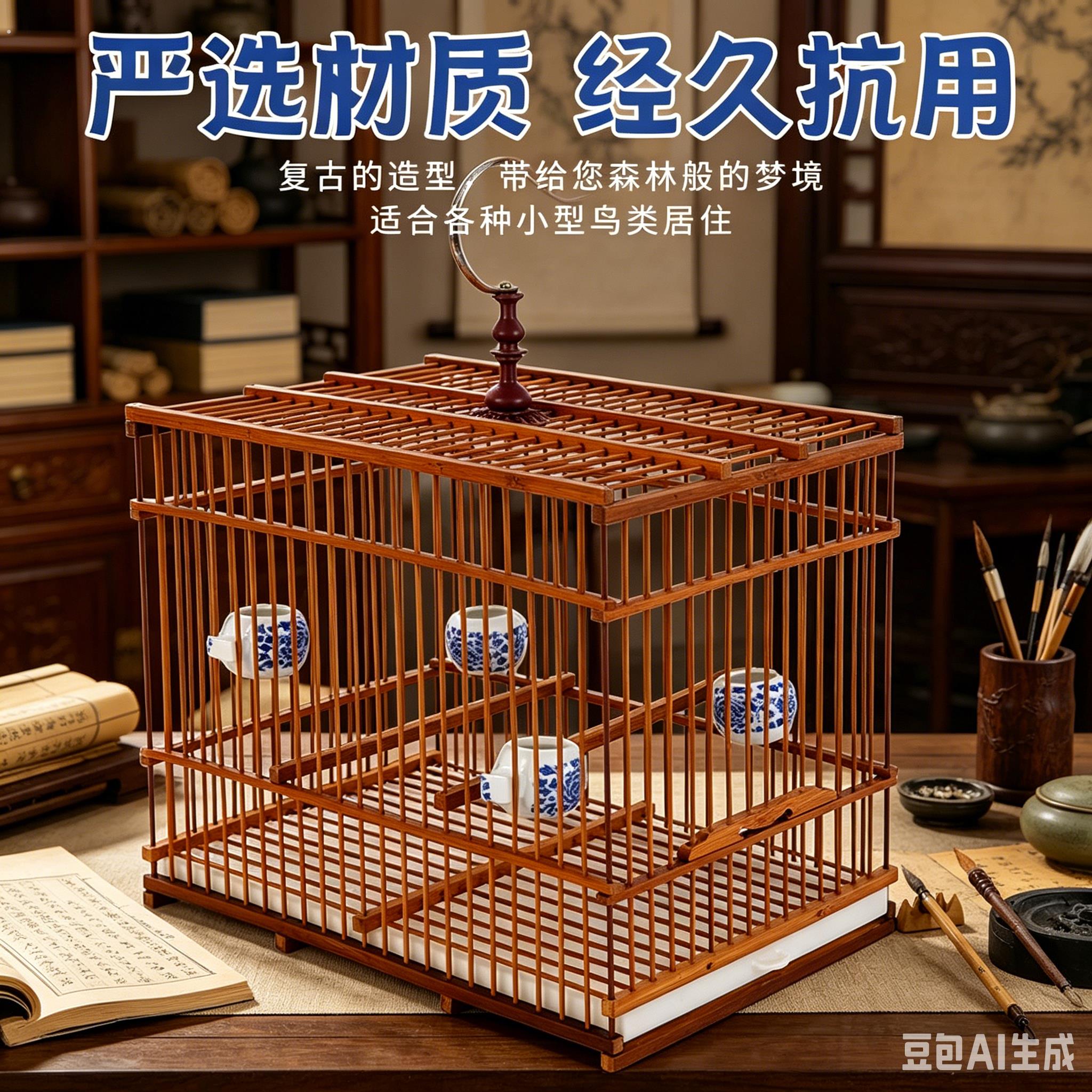 通用经久抗用复古竹制鸟笼小型鸟类专用笼子大容量便携式养鸟笼