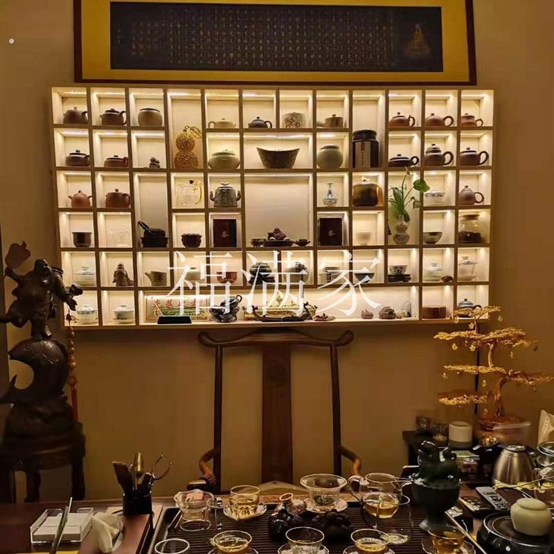 定做带灯光实木格子架茶壶架展示架壁挂展示柜博古架多宝阁格子柜