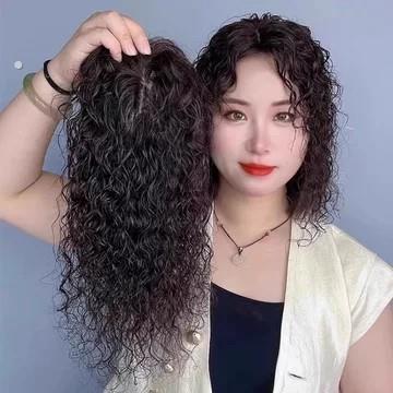 头顶补发片女短卷发真发手织无痕发顶发盖补发遮白发羊毛卷假发片