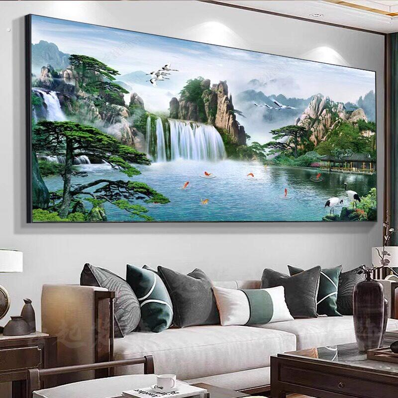 流水生财风景山水中堂画客厅挂画大气沙发背景墙装饰画办公室壁画