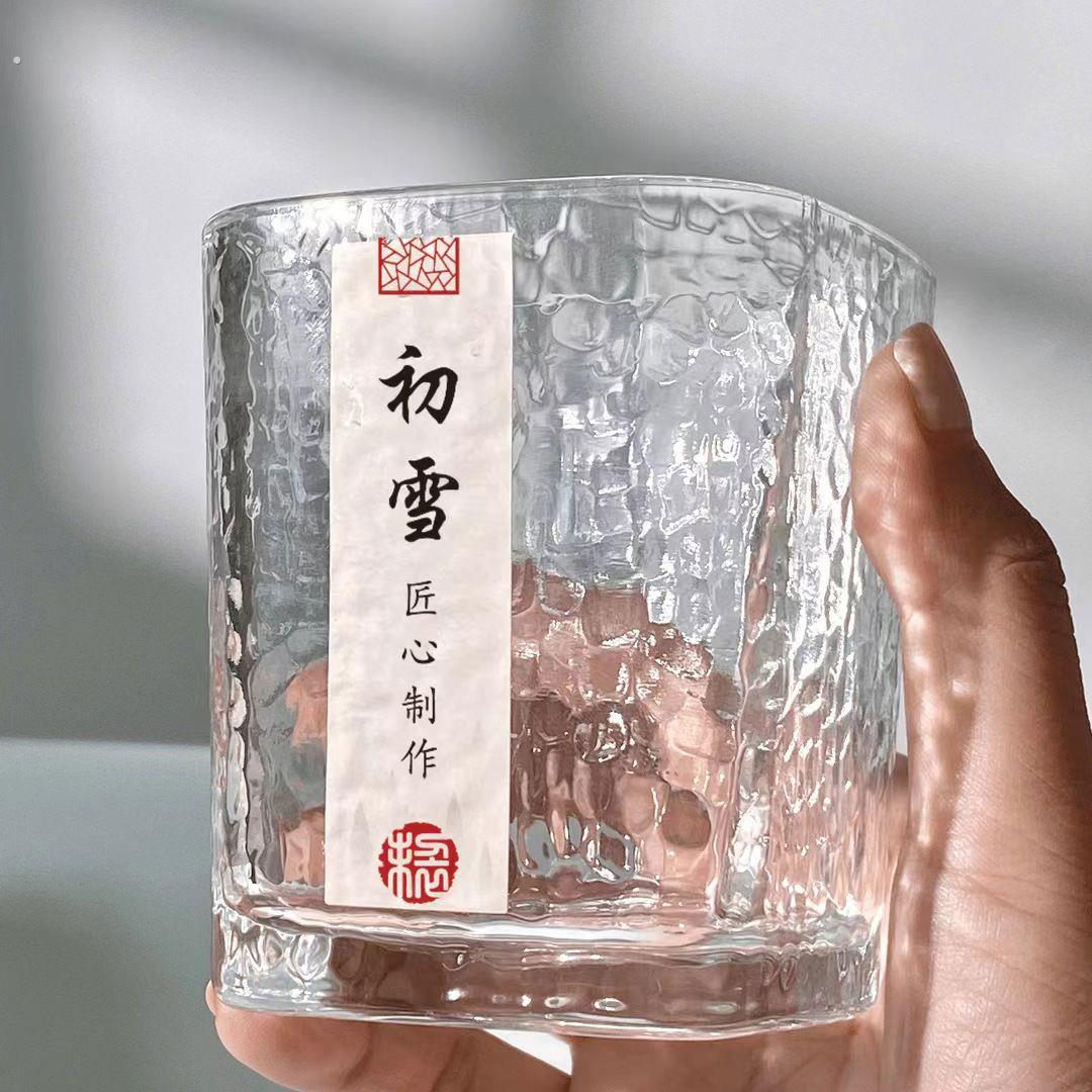 高颜值初雪锤纹玻璃杯日式家用水杯威士忌酒杯方形简约杯子