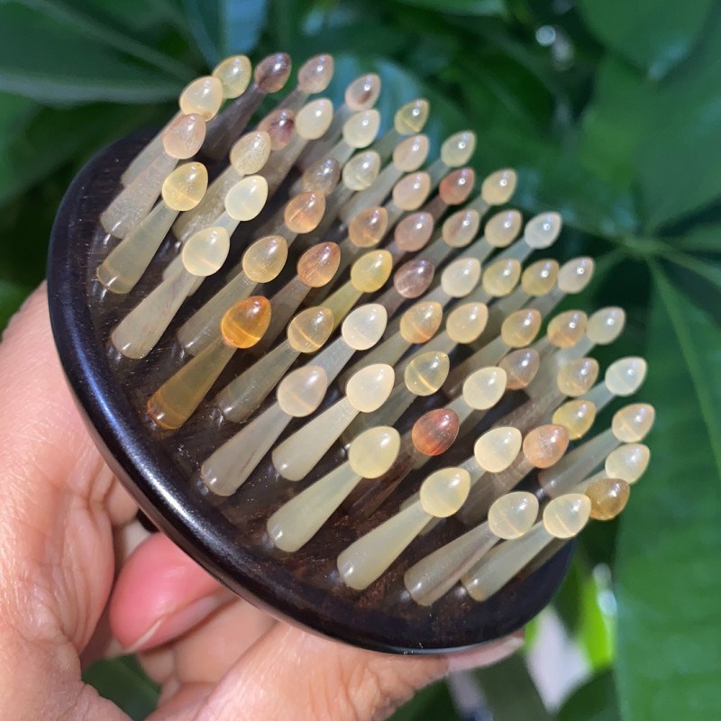 头部经络刷紫光檀羊角荷花齿61钉指环梳绿檀木脱发头疗刷肚子肩颈