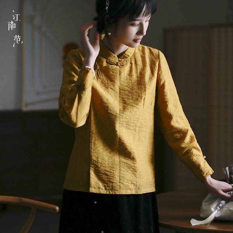 江南范2024年秋斜襟盘扣唐装中式服装上衣中国风复古气质茶服小衫