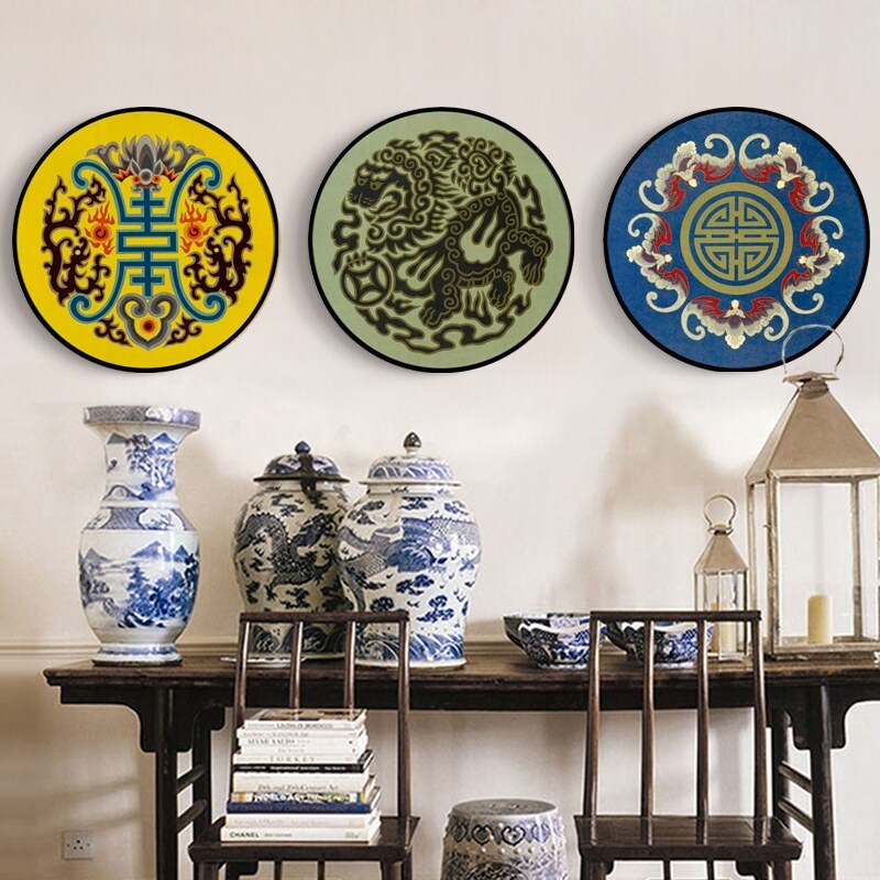 网红吉瑞祥年 新中式装饰画龙凤图腾古典壁画书房玄关圆形画鸳鸯