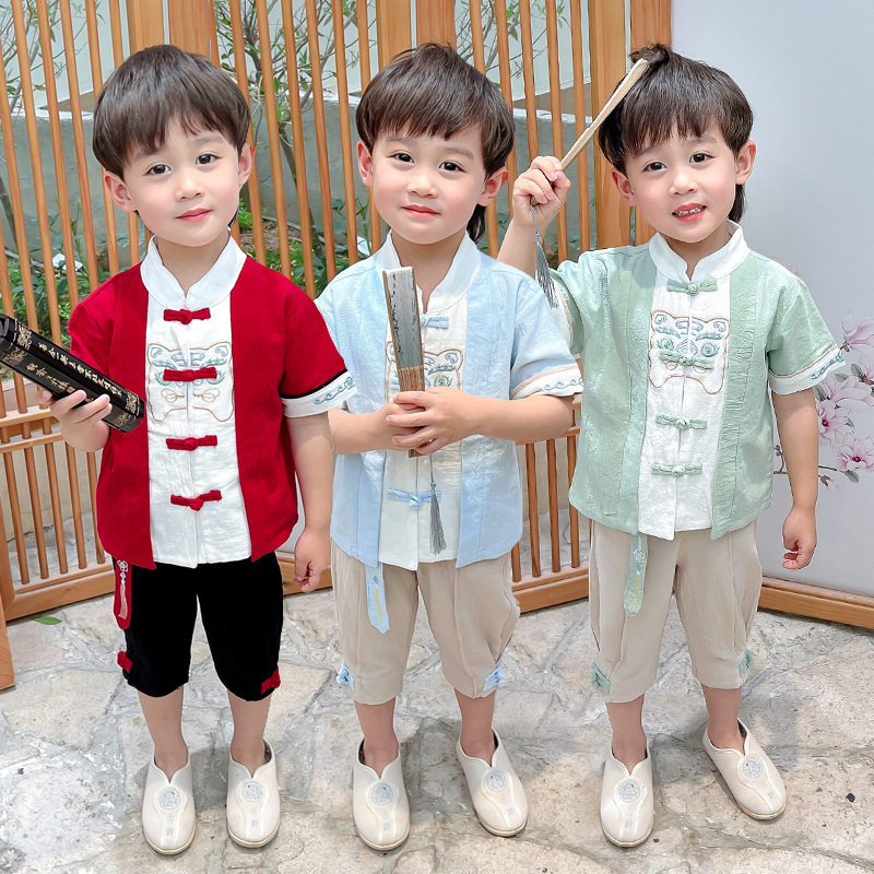 儿童国学汉服夏装幼儿园唐装中国风中式男童套装古装诗词朗诵服装