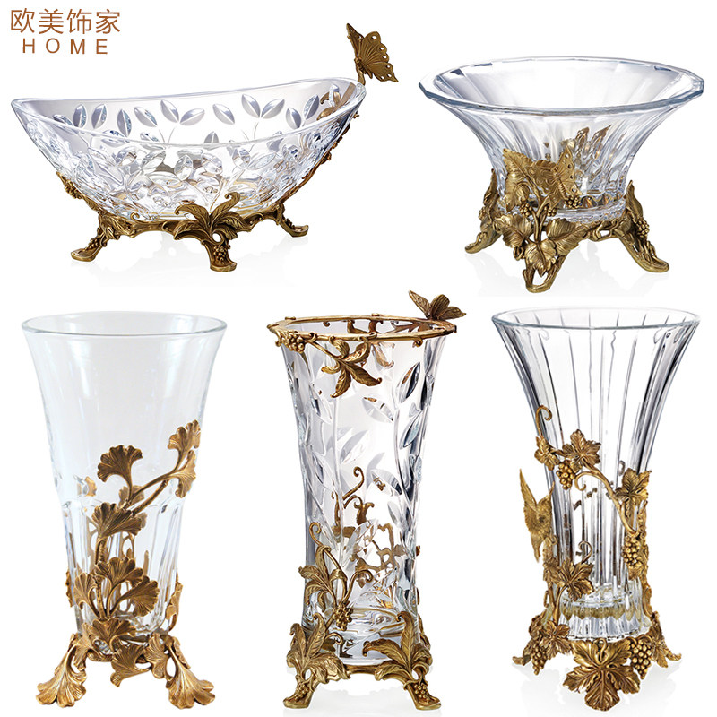 水晶玻璃花瓶透明轻奢客厅创意插花欧式花瓶水晶配铜镶铜花插摆件