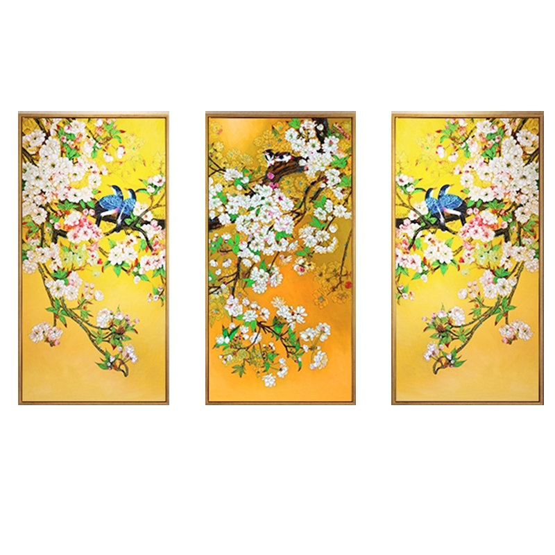 客厅装饰画新中式花鸟三联竖版挂画玄关走廊餐厅卧室简约壁画有框
