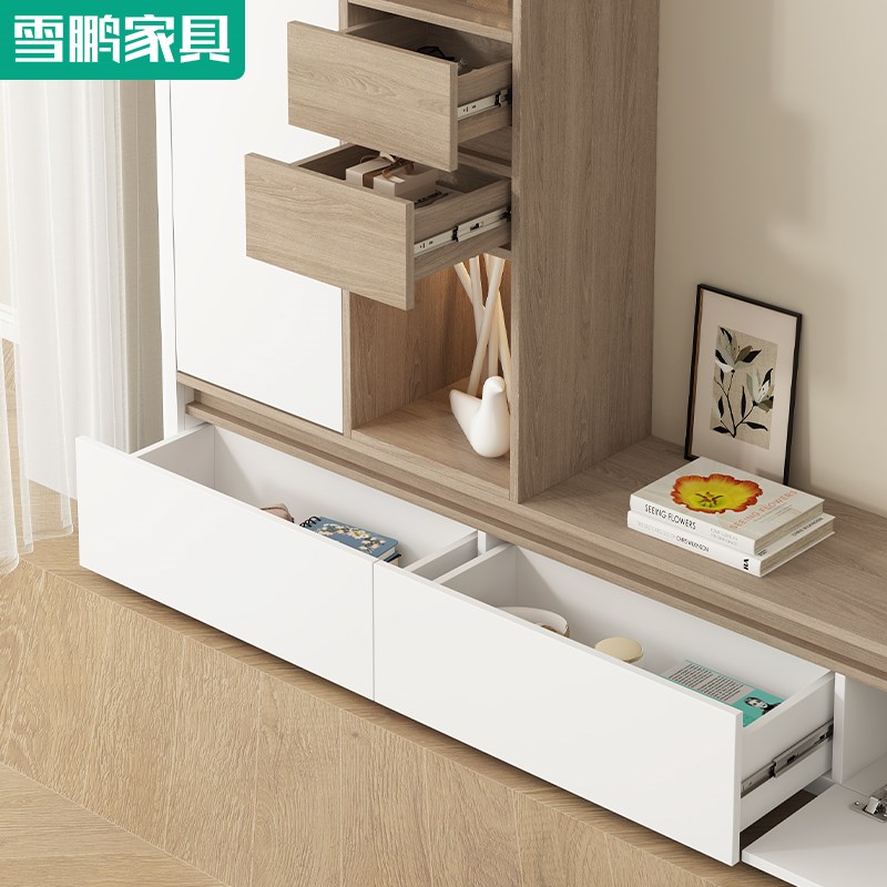 简约客厅落地电视机柜茶几书柜组合背景墙展示储物柜一体6D105