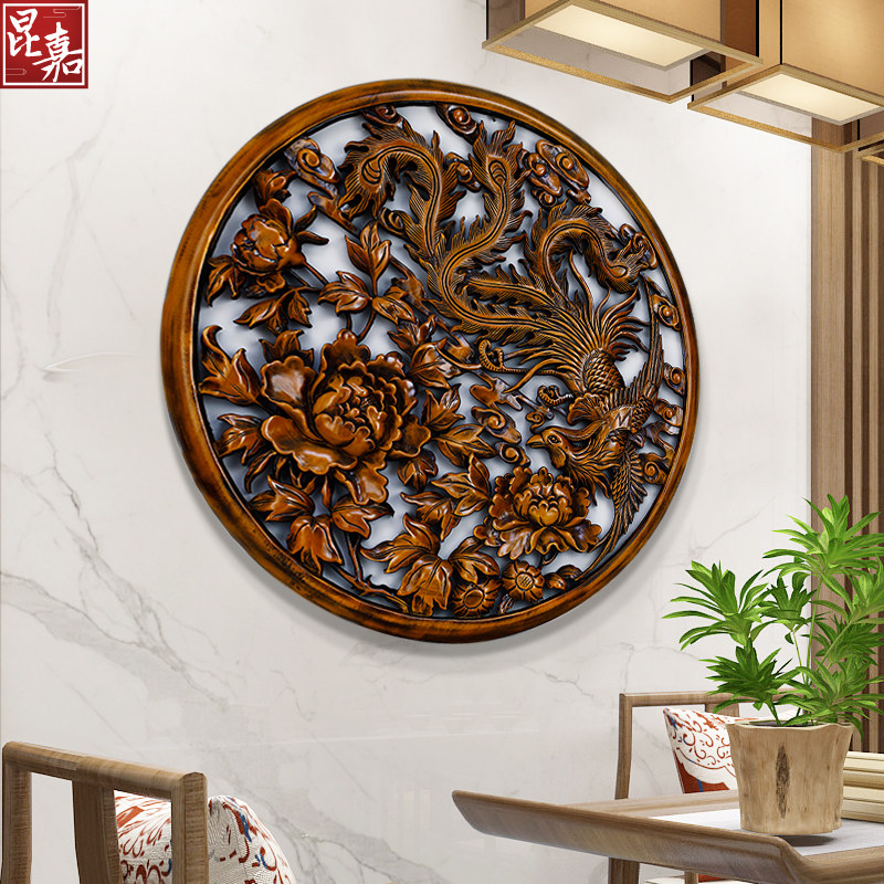 东阳木雕挂件中式仿古客厅玄关背景墙花开富贵装饰画实木雕刻牡丹