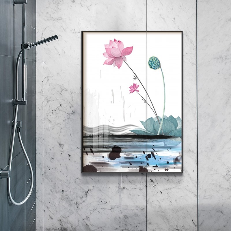 卫生间浴室防水画荷花竖版装饰画酒店厕所背景墙洗手间挂画免打孔