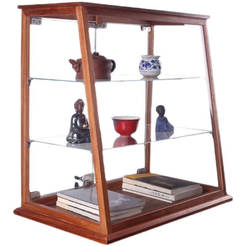 实木透明玻璃展示柜陈列梯形蛋糕咖啡厅带锁储藏茶具小型展柜定制