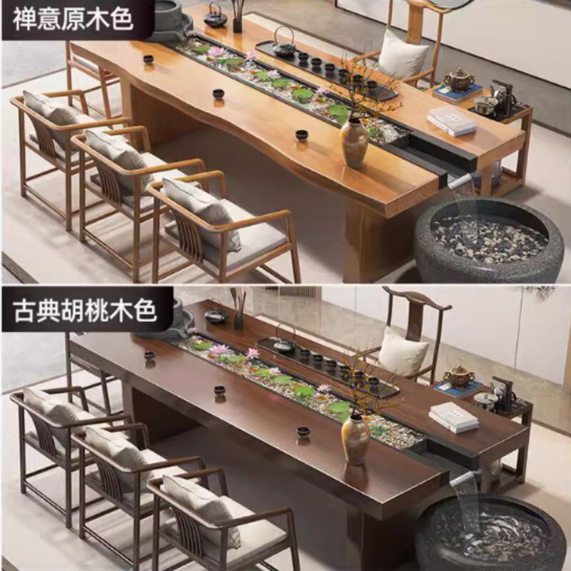 流水茶台景观循环一体中式茶桌组合实木创意石磨禅意原木功夫泡茶