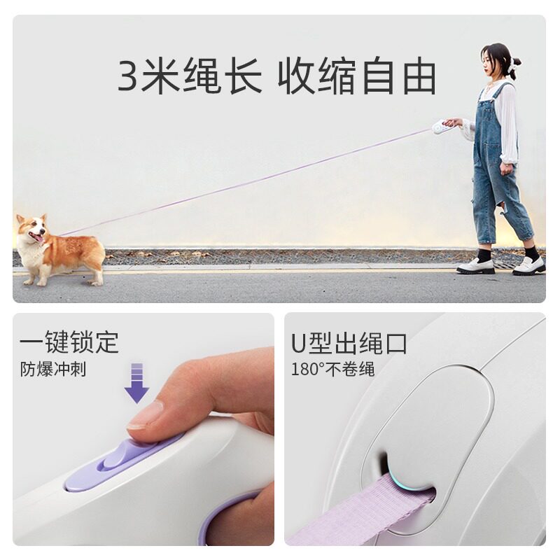 可伸缩狗狗牵引绳中小型犬柯基泰迪法斗带灯自动伸缩遛狗绳狗链子