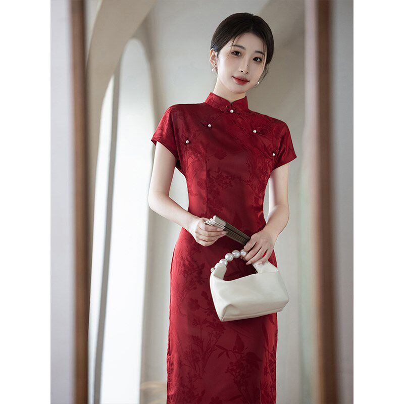 红色披肩旗袍敬酒服新娘夏季结婚回门服提花新中式长款订婚礼服裙
