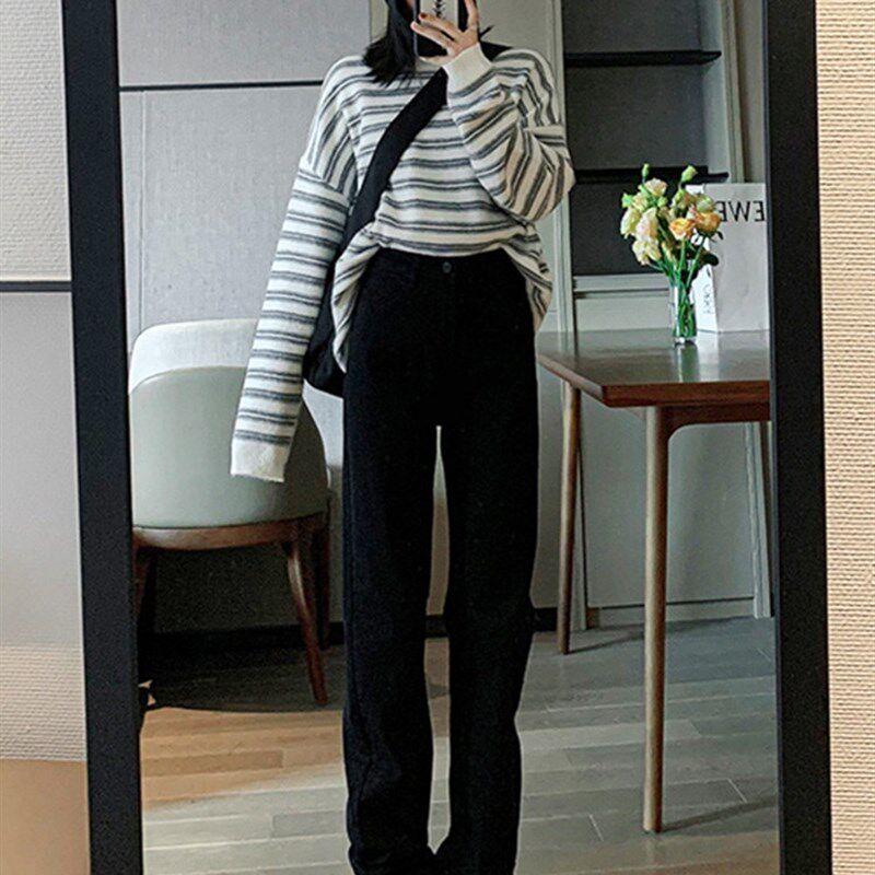新尚女阁高腰直筒牛仔裤女弹性秋冬季遮胯显瘦黑色大码宽松阔腿裤
