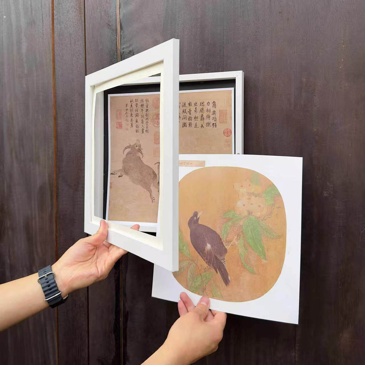 国画作品展示收纳画框正方形磁吸翻盖可替换大容量作品装裱相框